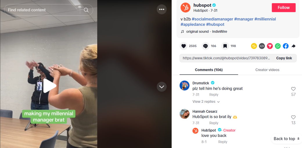 A screenshot of HubSpot's TikTok post