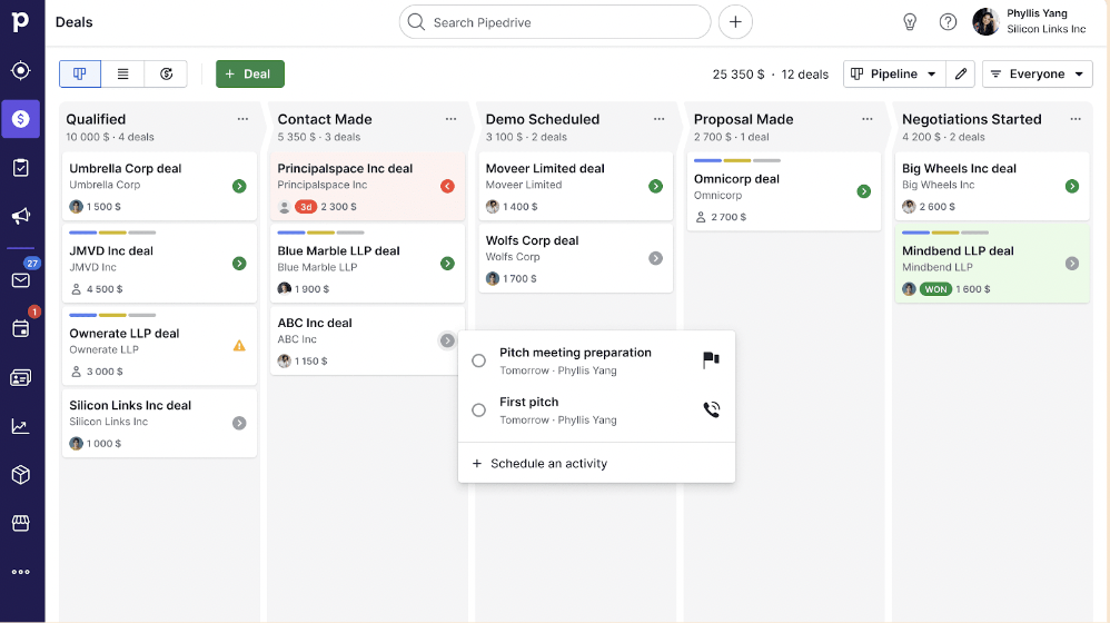 Pipedrive CRM Deals screenshot example