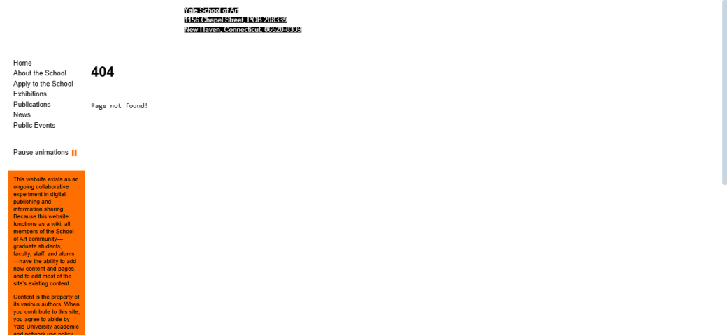 404 page on Yale School of Art's website