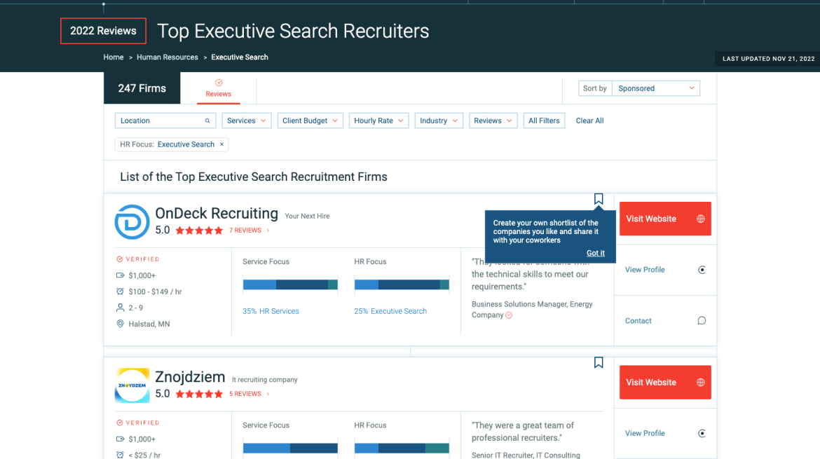 Clutch's list of top executive search recruiters