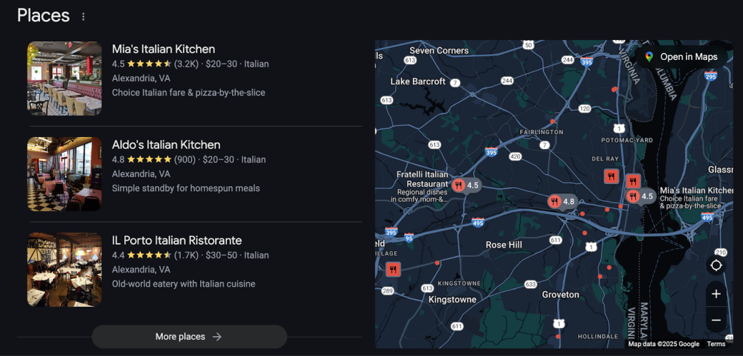 Google search results for Italian restaurants