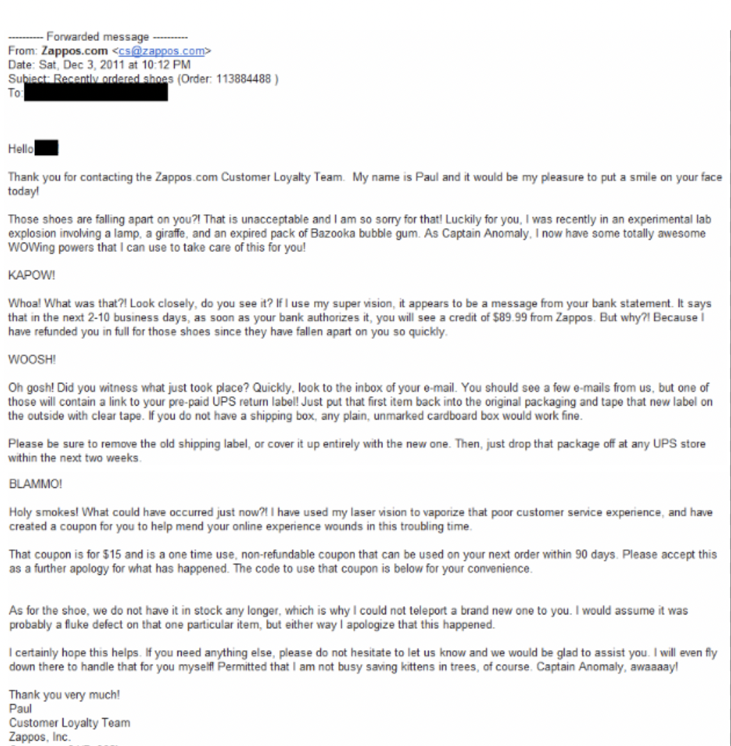 Zappos customer service email reputation examples