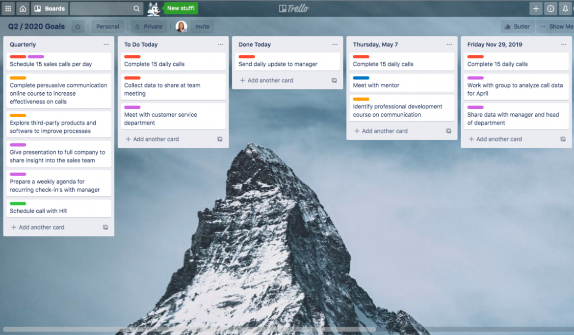 Trello can help you visualize your business strategy by tracking daily, monthly, and quarterly goals in project boards.