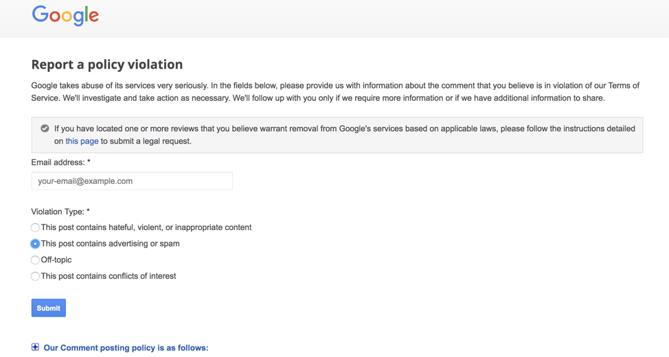 Google Report a Policy Violation page for reviews