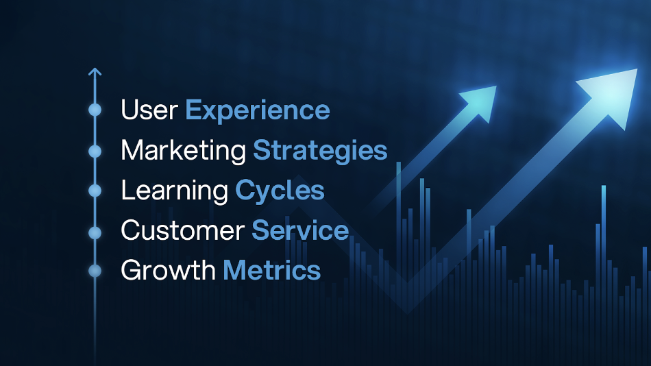 SaaS growth strategies including user experience, marketing strategies, learning cycles, customer service, and growth metrics