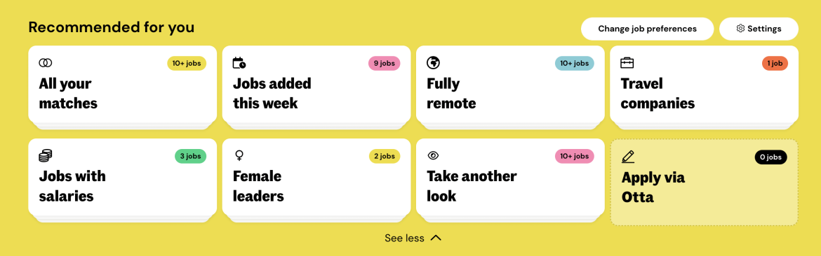 example of job board interface on Otta