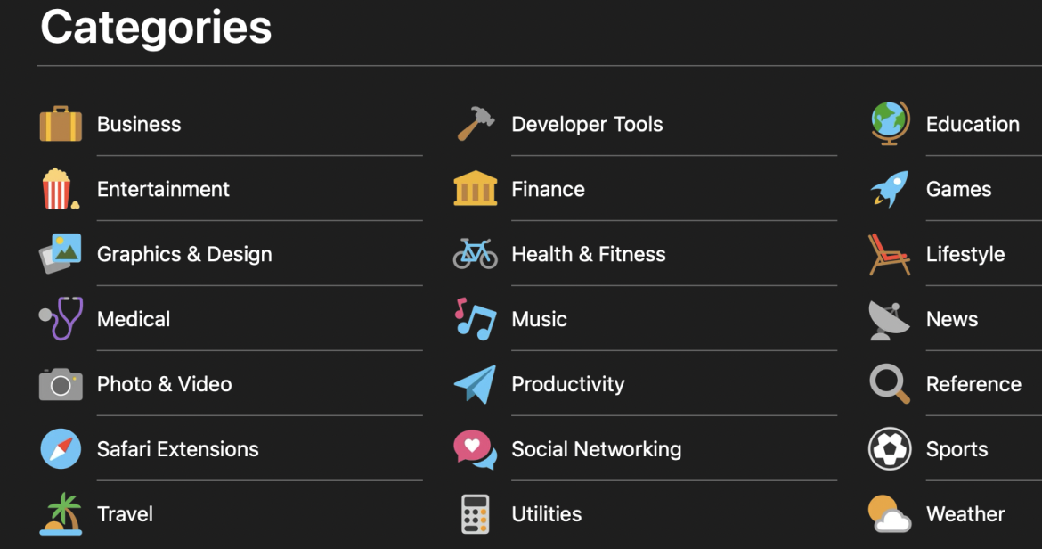 App Store app catagories