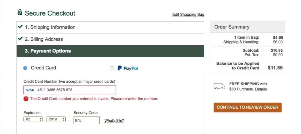 Live credit card validation example