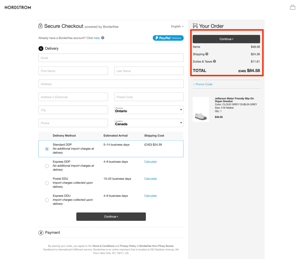 Cost summary at the checkout process