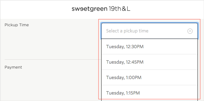 Sweetgreen allows pre-order users to select when they want to pick up their meal.
