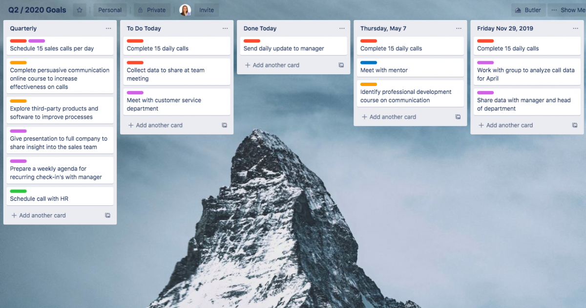 Trello can help you visualize your business strategy by tracking daily, monthly, and quarterly goals in project boards.