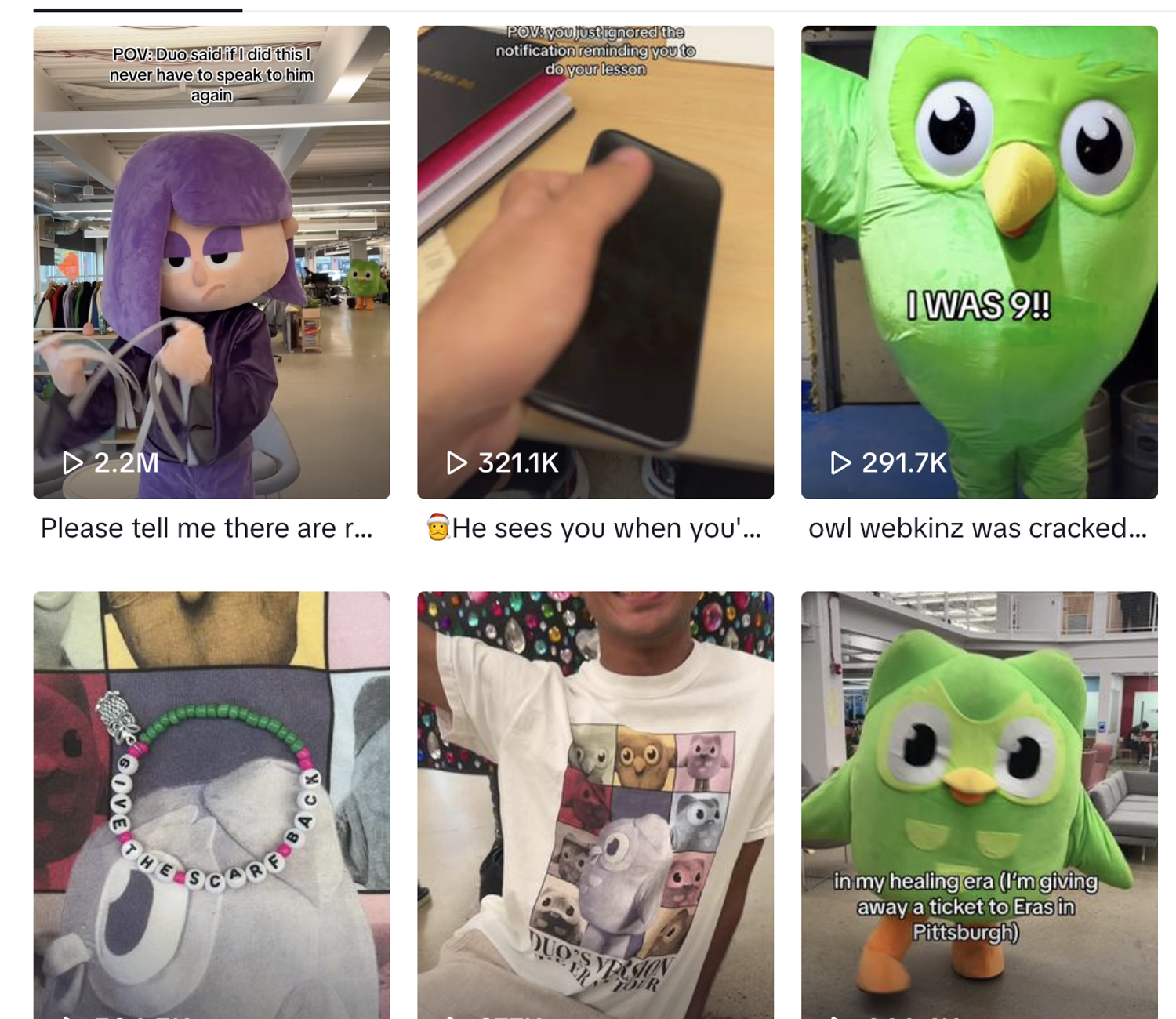 examples of popular videos on the DuoLingo TikTok account