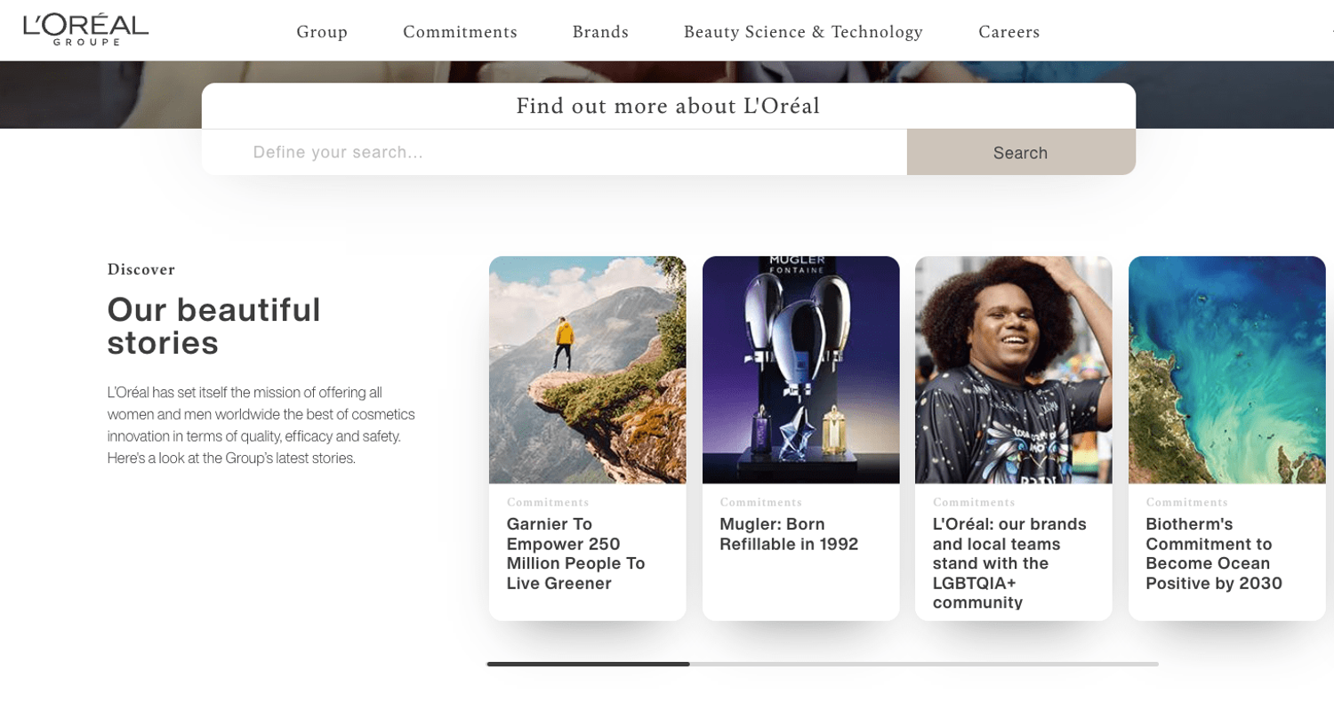 L'OREAL's homepage features articles about their dedication to social initiatives