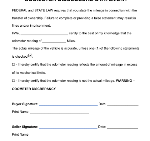Template for Odometer disclosure statement