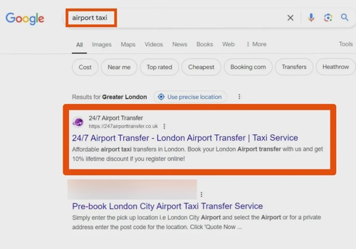 Search Engine Optimization Package Example: Taxi company on 1st page of Google.co.uk in London