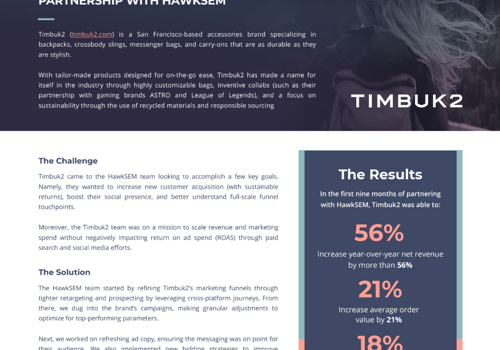 Pay Per Click Package Example: TimBuk2 PPC Increases Revenue by 56% via PPC