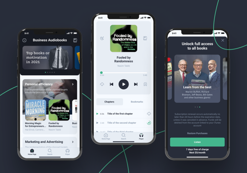 Mobile App Development Package Example: Audiobooks for entrepreneurs - purchase and listen
