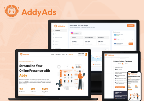 UX/UI Design Package Example: AddyAds -  A Social Media Management Tool