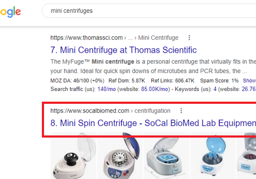 Search Engine Optimization Package Example: SEO Ranking Portfolio of Lab Equipment Website