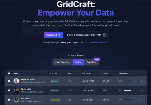 Branding Package Example: GridCraft: SvelteKit Data Table Grid