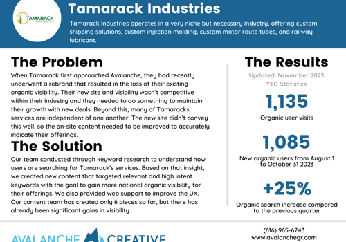 Search Engine Optimization Package Example: Tamarack Industries Case Study