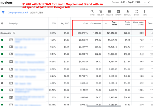 Pay Per Click Package Example: $120K with 3x ROAS for Health Supplement Store