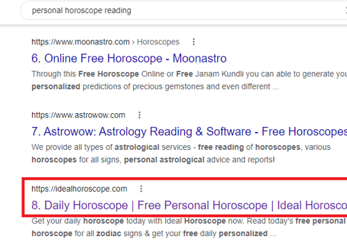 Search Engine Optimization Package Example: SEO Ranking Portfolio of Horoscope Website