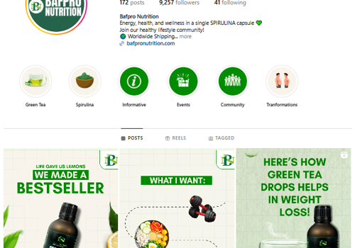 Product Marketing Package Example: social media marketing for Bafpro Nutrition