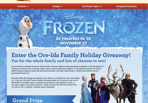 Web Design Package Example: Ore-Ida and Disney Pixar Frozen Sweepstakes